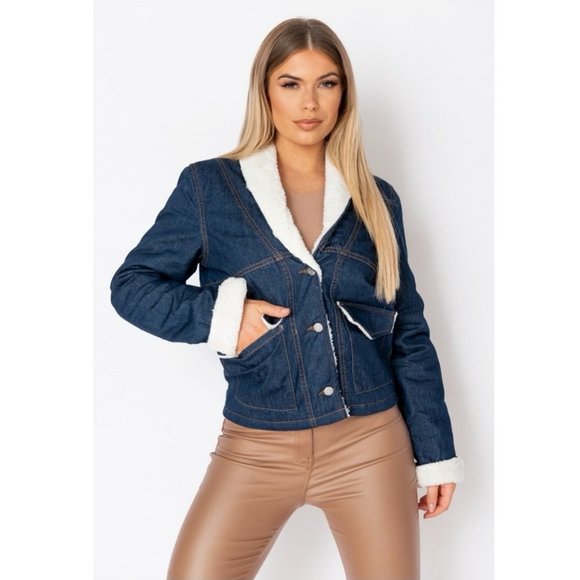 Blue Denim Jeans Long Sleeve Teddy Bear Fur Lined Biker Jacket - Picture 2 of 13